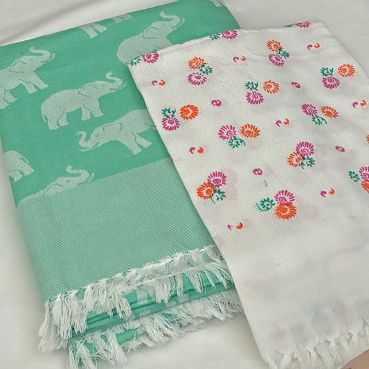 Greenish Blue Elephant Cotton Single Blanket with Free Towel