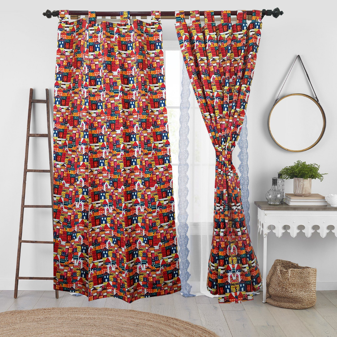 Colourful house Cotton Curtains 7ft pair