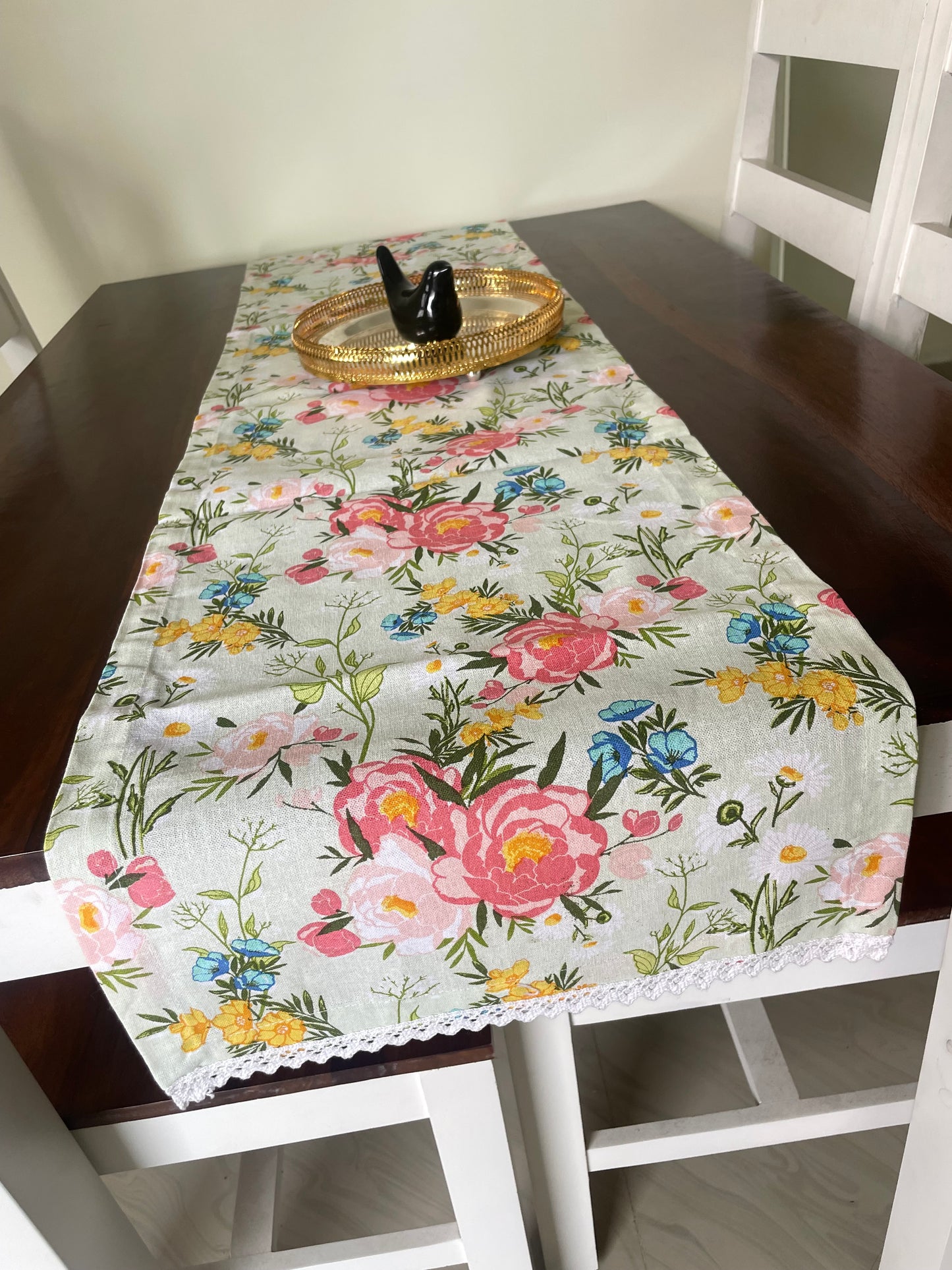 Pastel Green Floral Table Runner 6 ft long