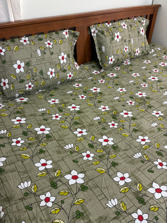 Green Floral Fitted Cotton Bedspread (2 pillow covers)