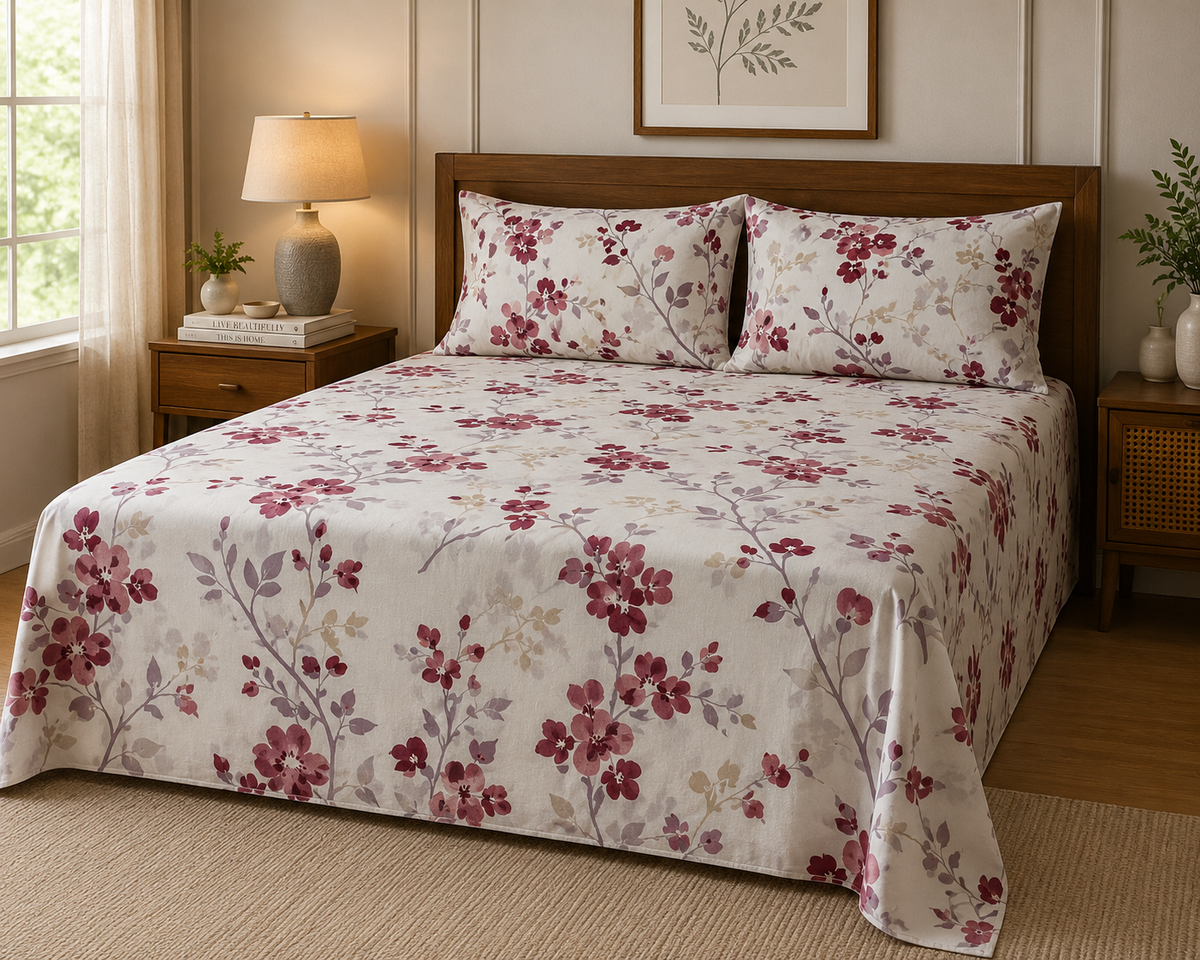 300 TC Mauve Floral King Size Cotton Bedspread 108x108 inches