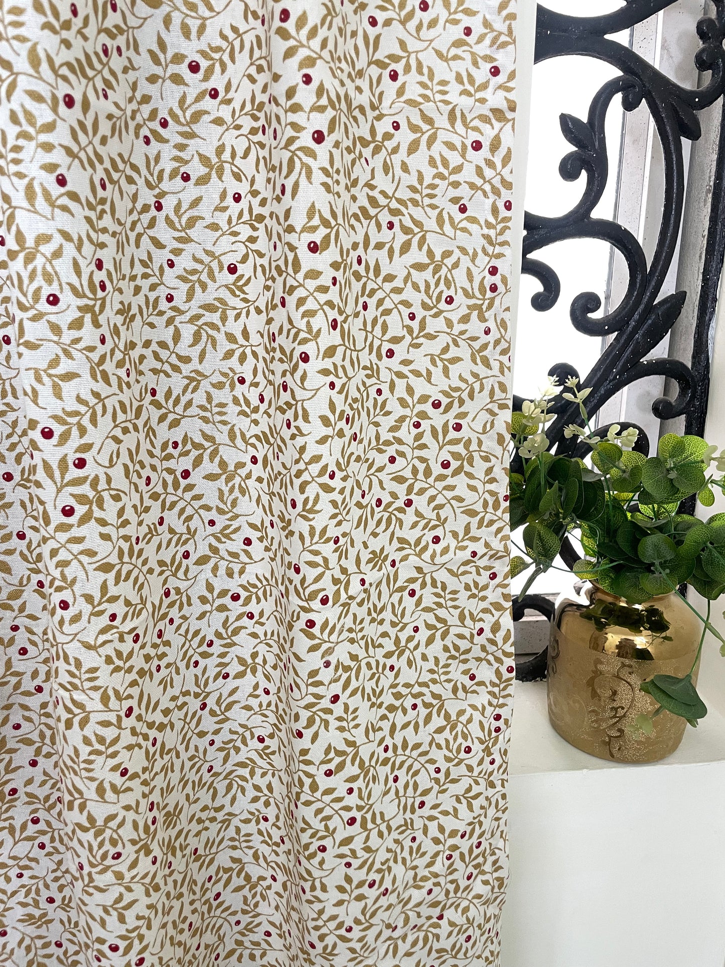 Brown Leaf & Berry Print Cotton Curtains