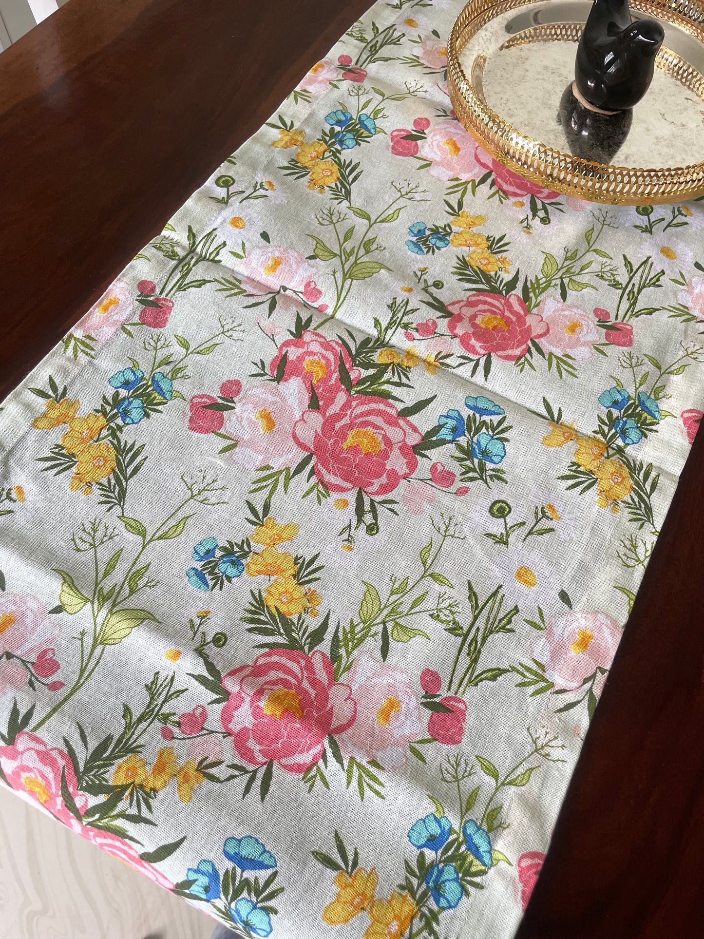 Pastel Green Floral Table Runner 6 ft long