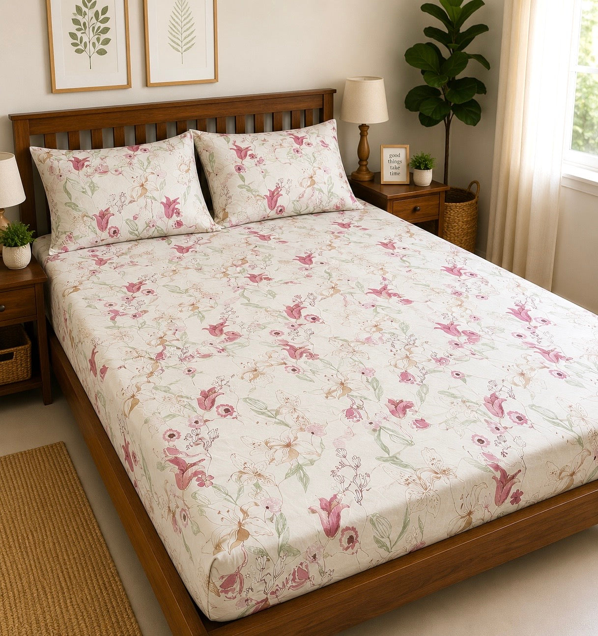 Pink Wild Flower Fitted King Size Bedspreads  75x75x10 inches