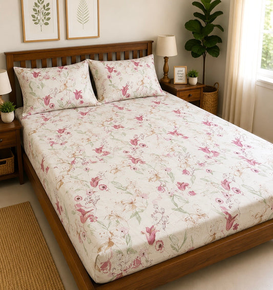Pink Wild Flower Fitted King Size Bedspreads  75x75x10 inches