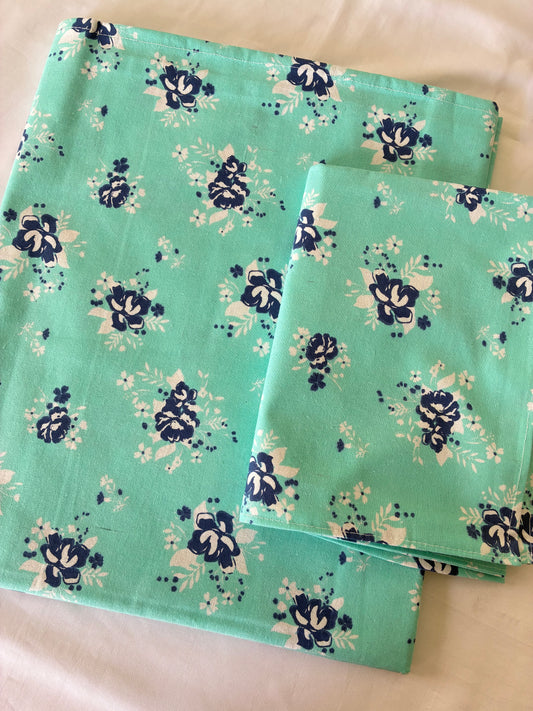 Blue Floral Single Size Cotton Bedspread with 1 Pillow Cover 60 x 90 in