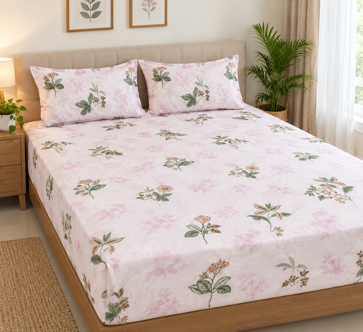 Pink Floral Queen Size Fitted Cotton Bedspread (2 pillow covers)