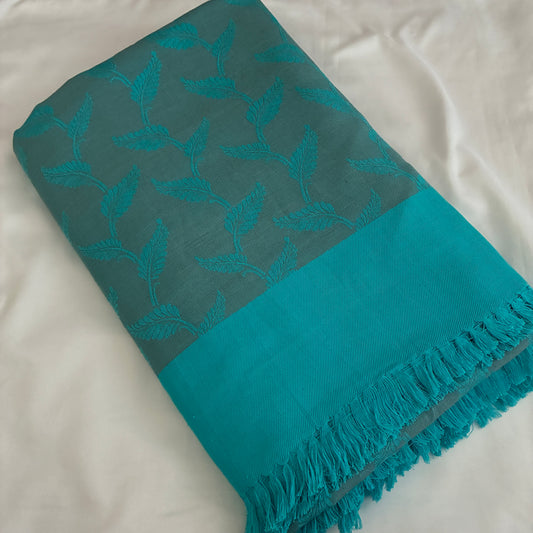 Blue Leaf in Graphite Double Size Cotton Blanket