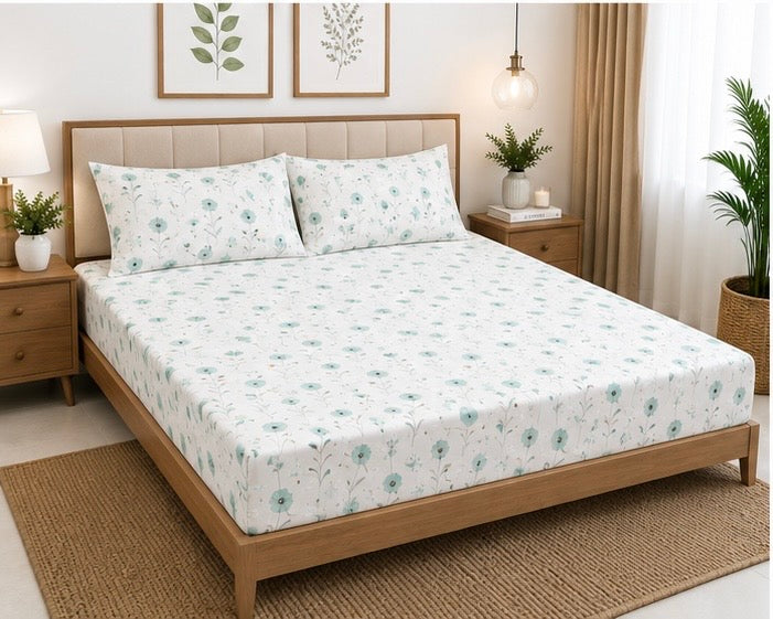 Green Floral Queen Size Fitted Cotton Bedspread (2 pillow covers)
