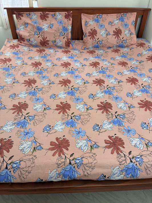 Peach Floral Fitted Cotton Bedspread (2 pillow covers)