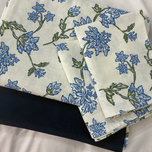 Blue Floral King Size Cotton Bedspread 100x110 in