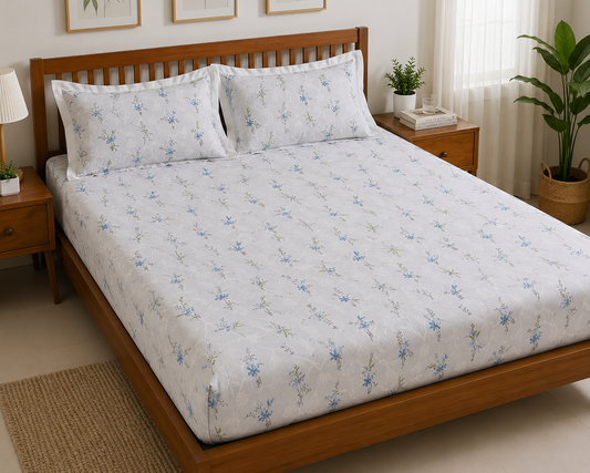 Blue Floral Queen Size Fitted Cotton Bedspread (2 pillow covers)