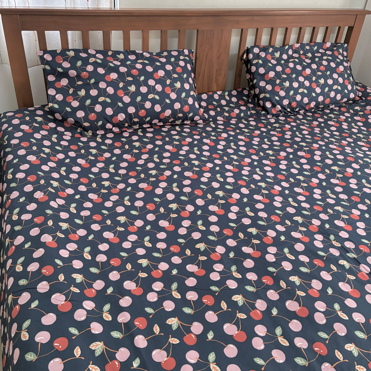 Blue Cherry Satin Cotton King Size Bedspread 100x110 inches
