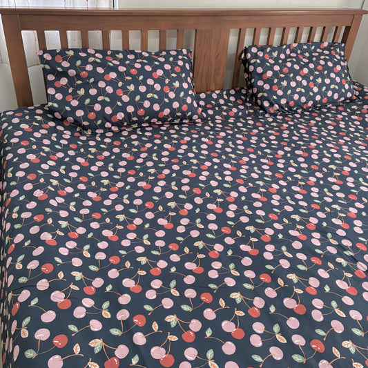 Blue Cherry Satin Cotton King Size Bedspread 100x110 inches