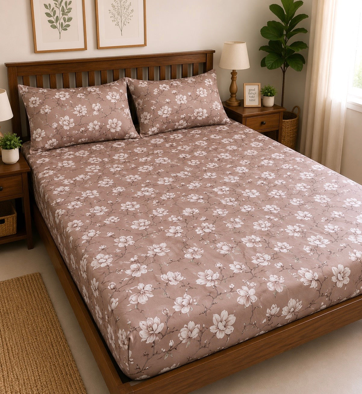White Sakura Fitted King Size Bedspreads  75x75x10 inches