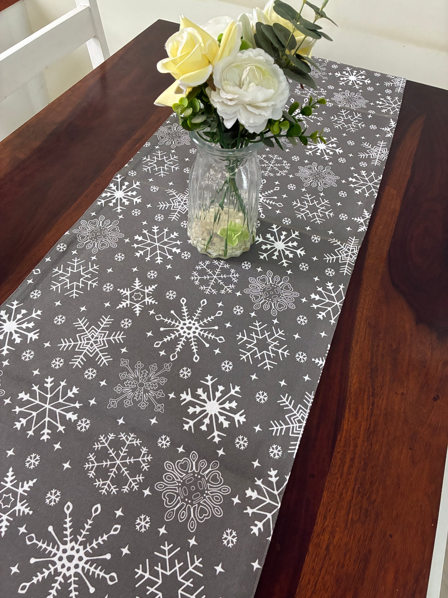 Grey Snow Flakes Table Runner 5.5 ft  long
