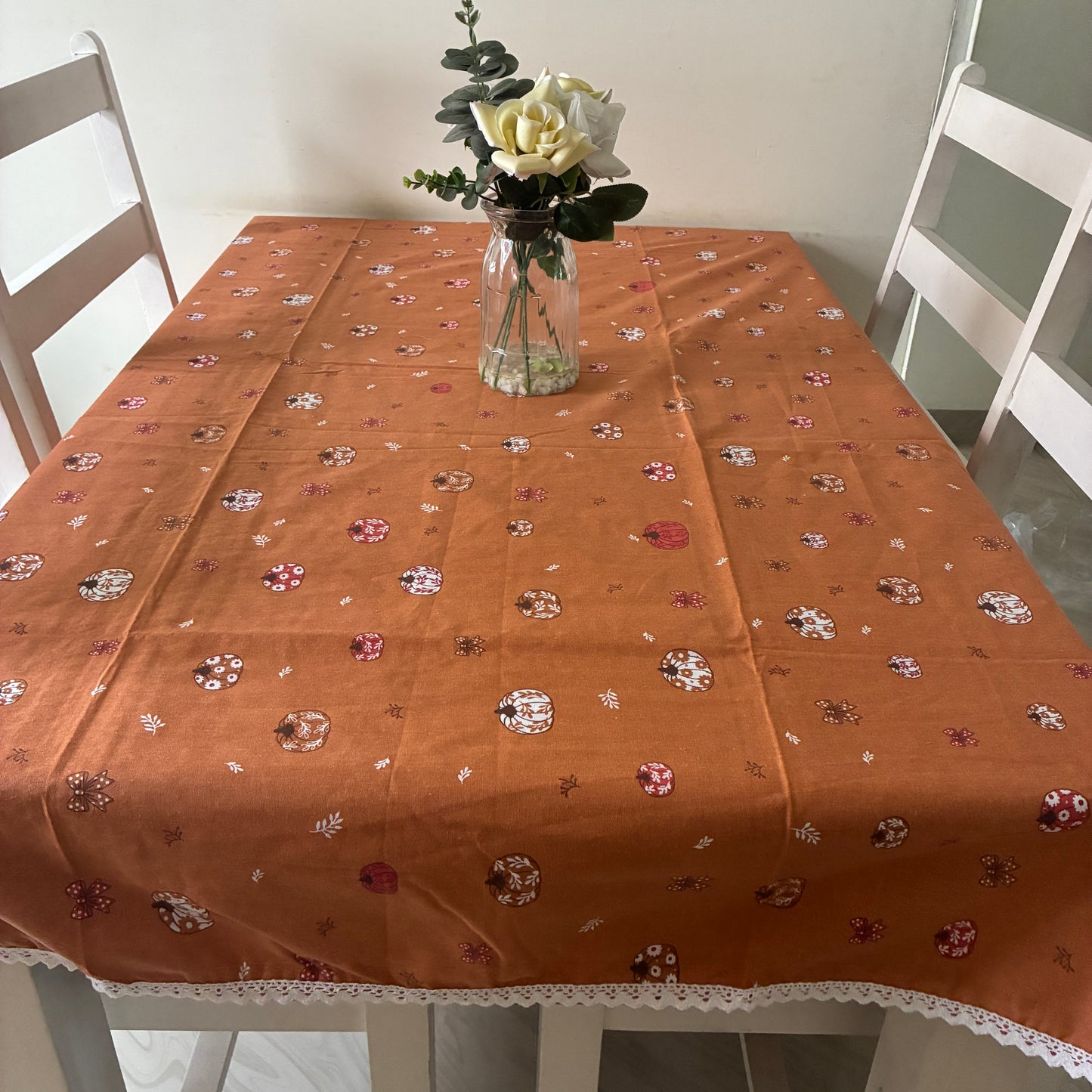 Pumpkin Print 6 Seater Table covers with Lace attached