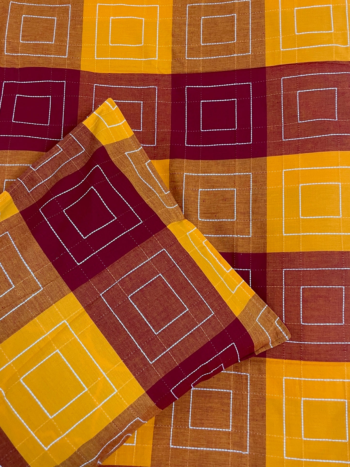 Yellow & Maroon Checks King Size Cotton Bedspreads 108 x 108 in