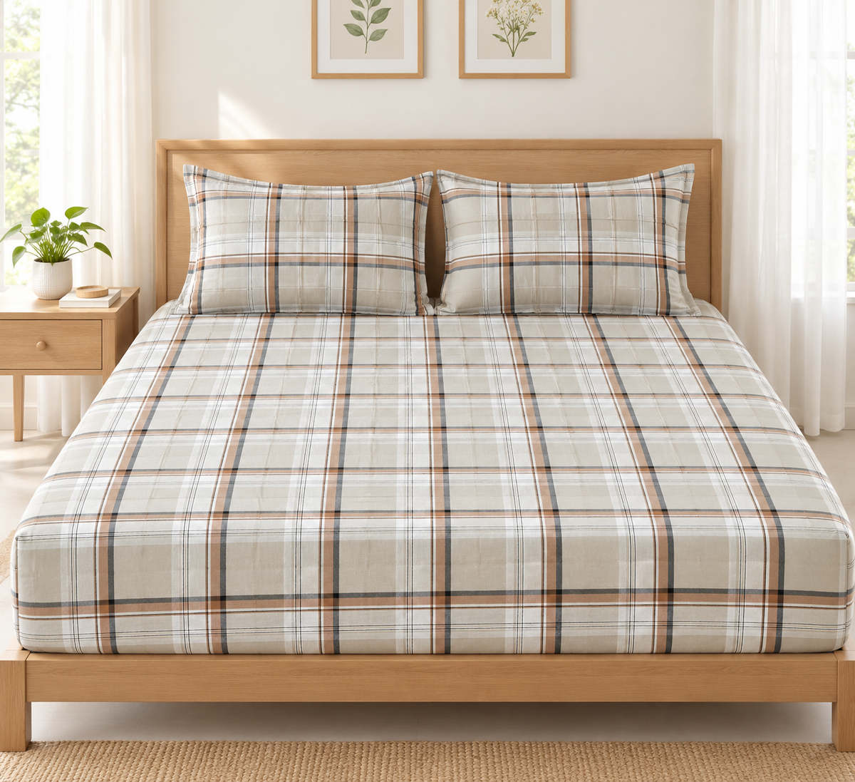 Brown Checked Queen Size Fitted Cotton Bedspread (2 pillow covers)