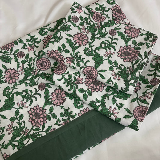 Green Daisy Cotton Bedspread with 2 Pillow Covers 70 x 90 in