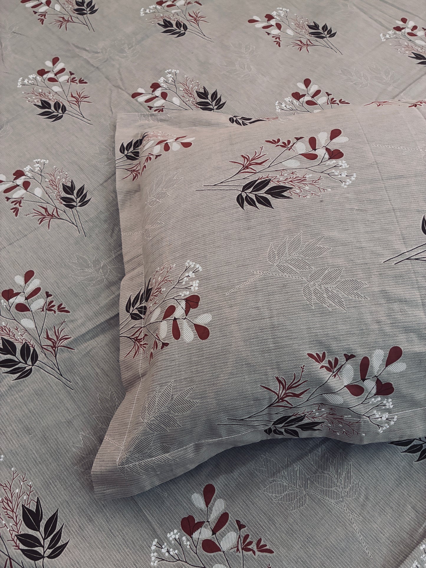 Grey Floral Queen Size Fitted Cotton Bedspread (2 pillow covers)