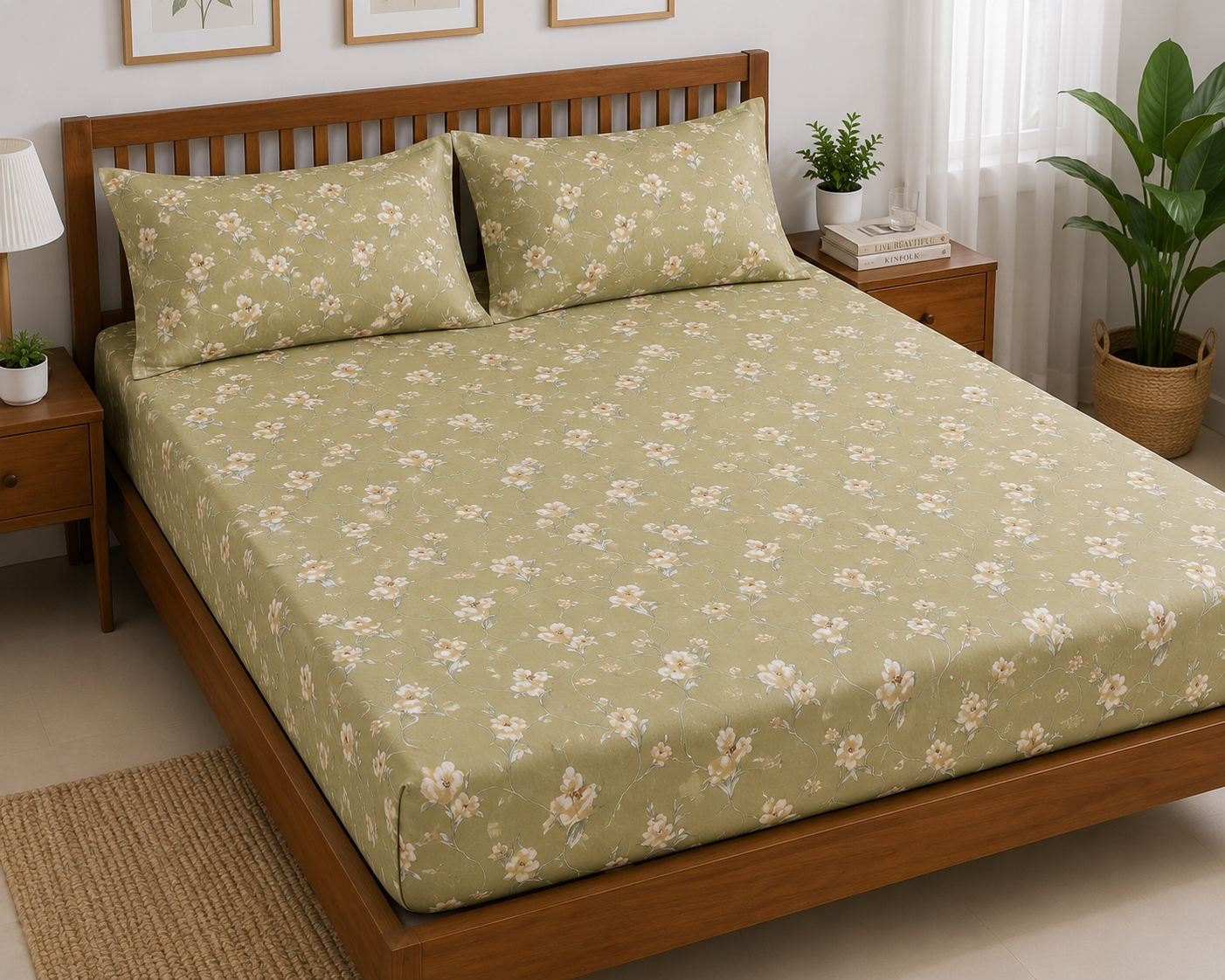 Olive Floral Queen Size Fitted Cotton Bedspread (2 pillow covers)
