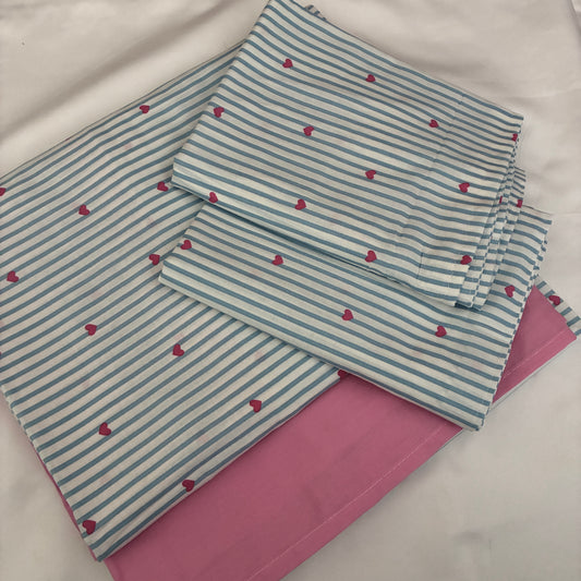 Blue Stripes Pink Heart  King Size Cotton Bedspread 100x110 in