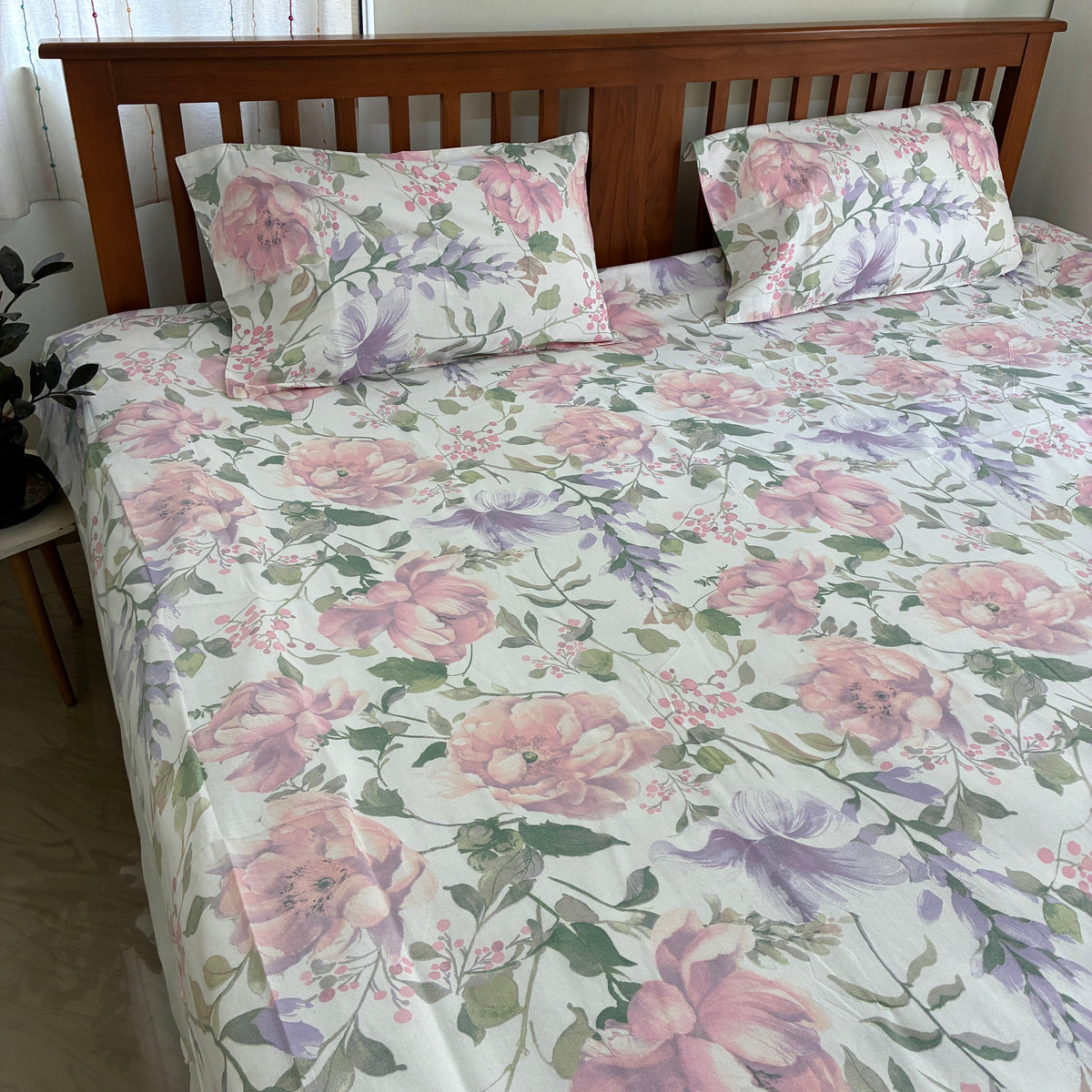 Pink Floral Satin Cotton King Size Bedspread 100x110 inches