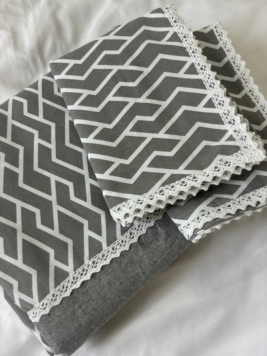 Grey Abstract Lace King Size Cotton Bedspread 100x110 in
