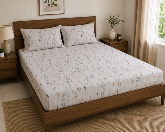 Orange Bud Queen Size Fitted Cotton Bedspread (2 pillow covers)