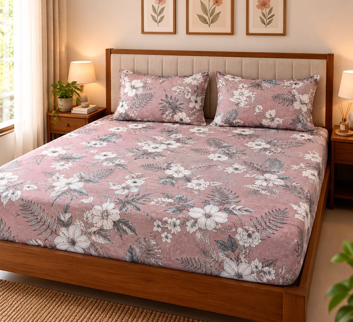 Pink Floral Fitted King Size Bedspreads  78x72x8 inches