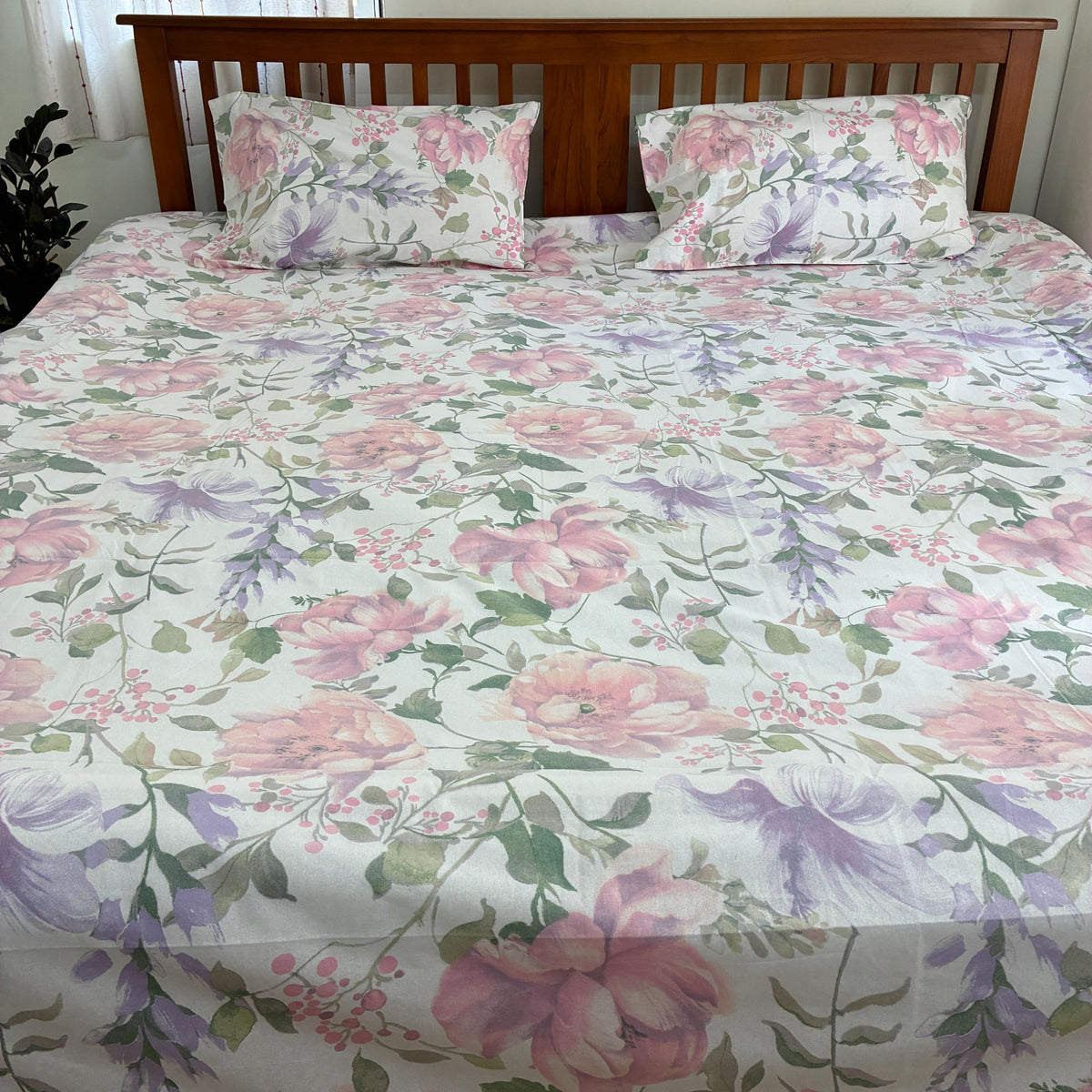 Pink Floral Satin Cotton King Size Bedspread 100x110 inches