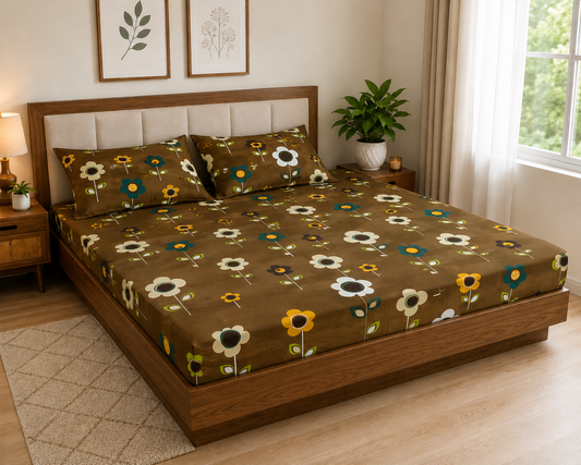 Brown Floral Fitted Cotton Bedspread (2 pillow covers)