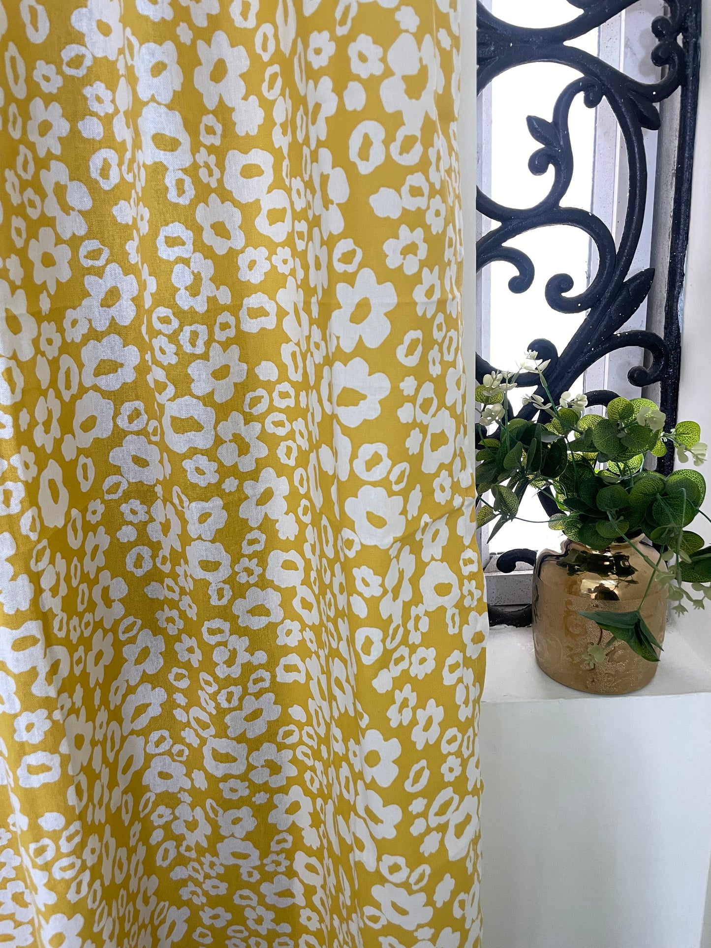 Yellow Floral Print Cotton Curtains