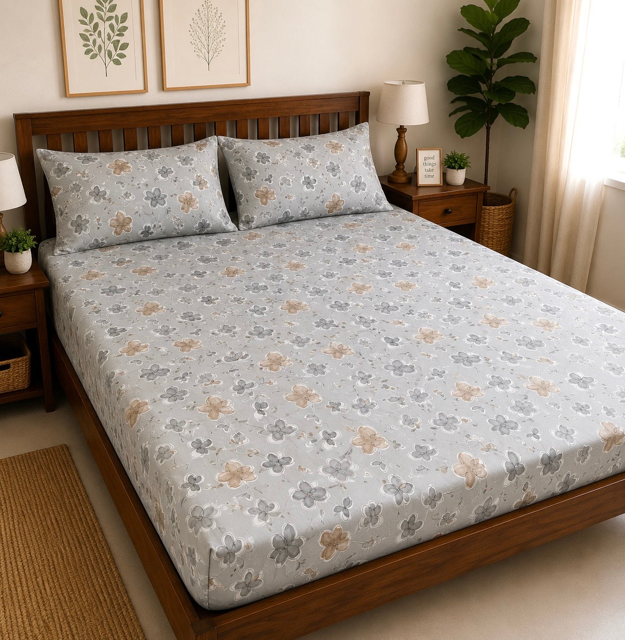 Grey Floral Fitted King Size Bedspreads  75x75x10 inches