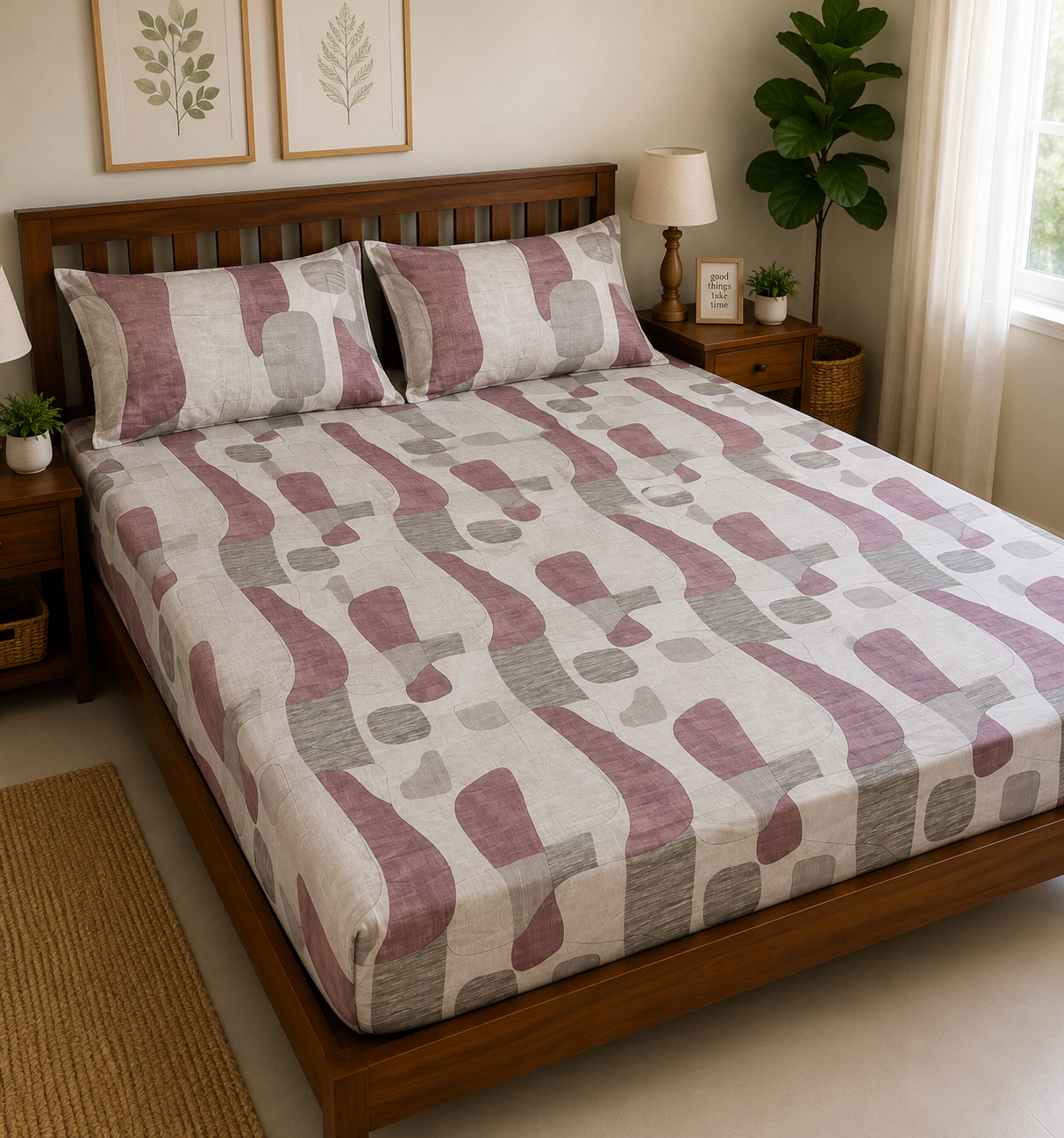 Mauve Abstract Fitted King Size Bedspreads  75x75x10 inches