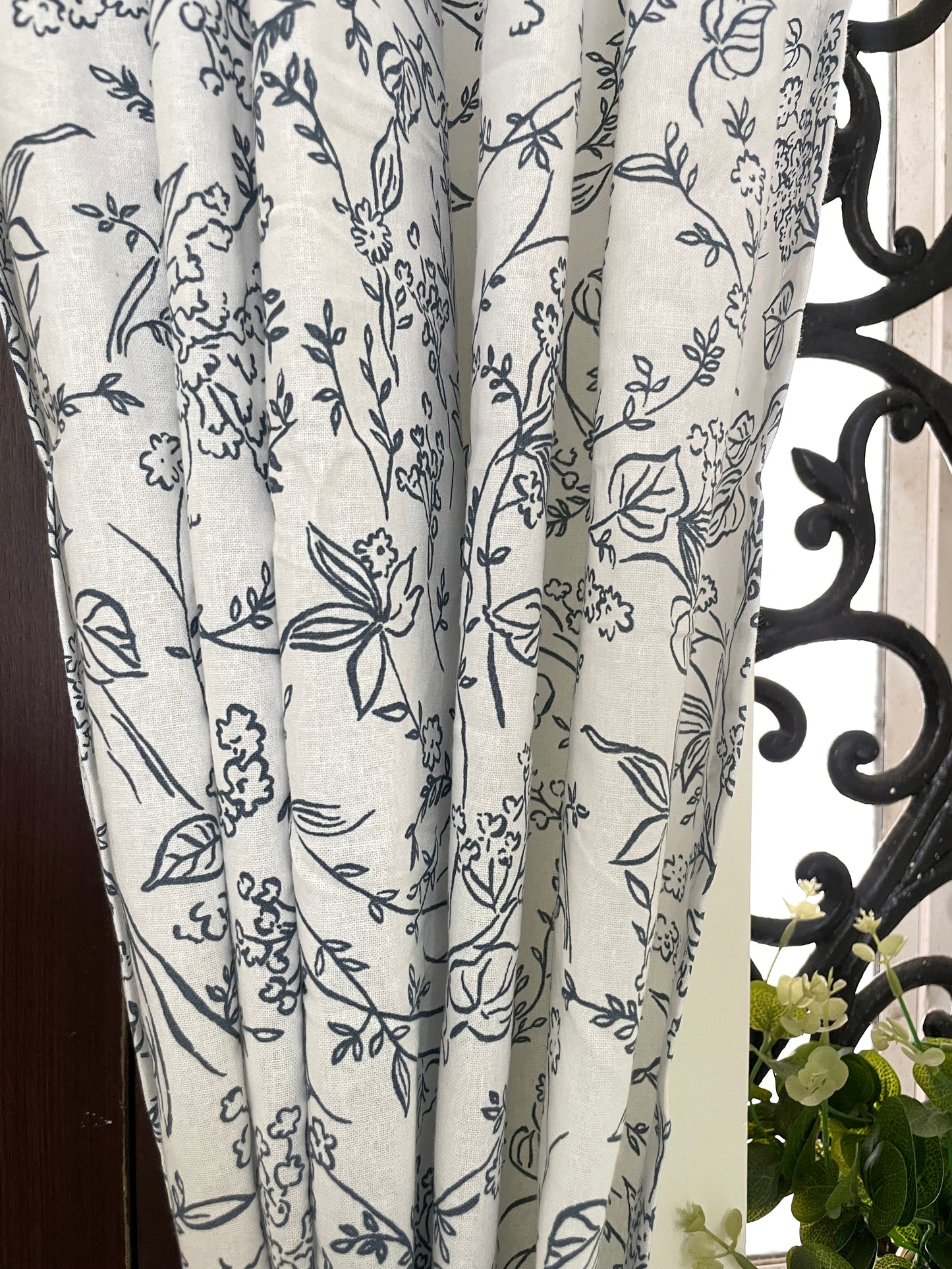 Blue Leaves & Florals Print Cotton Curtains