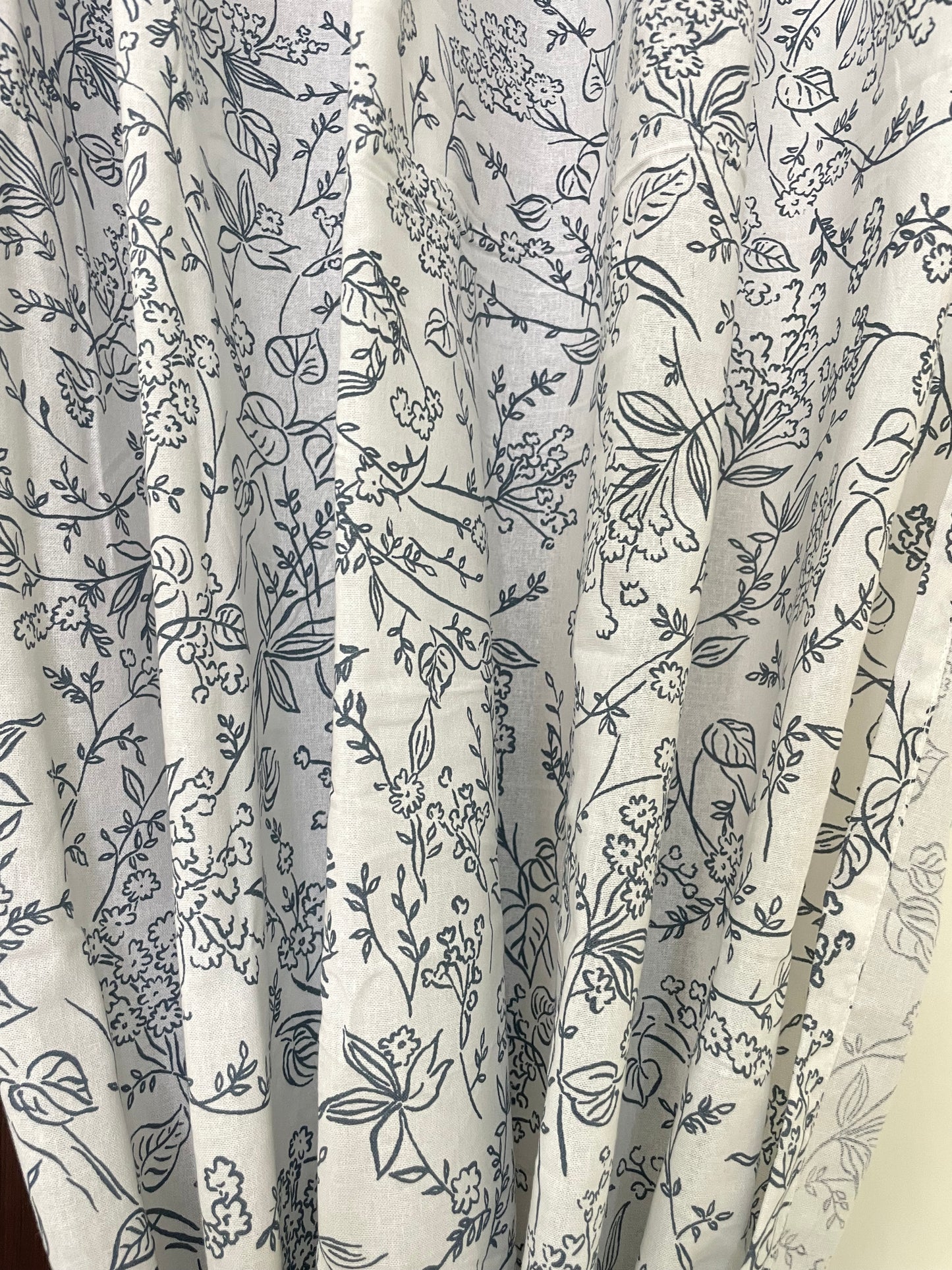 Blue Leaves & Florals Print Cotton Curtains