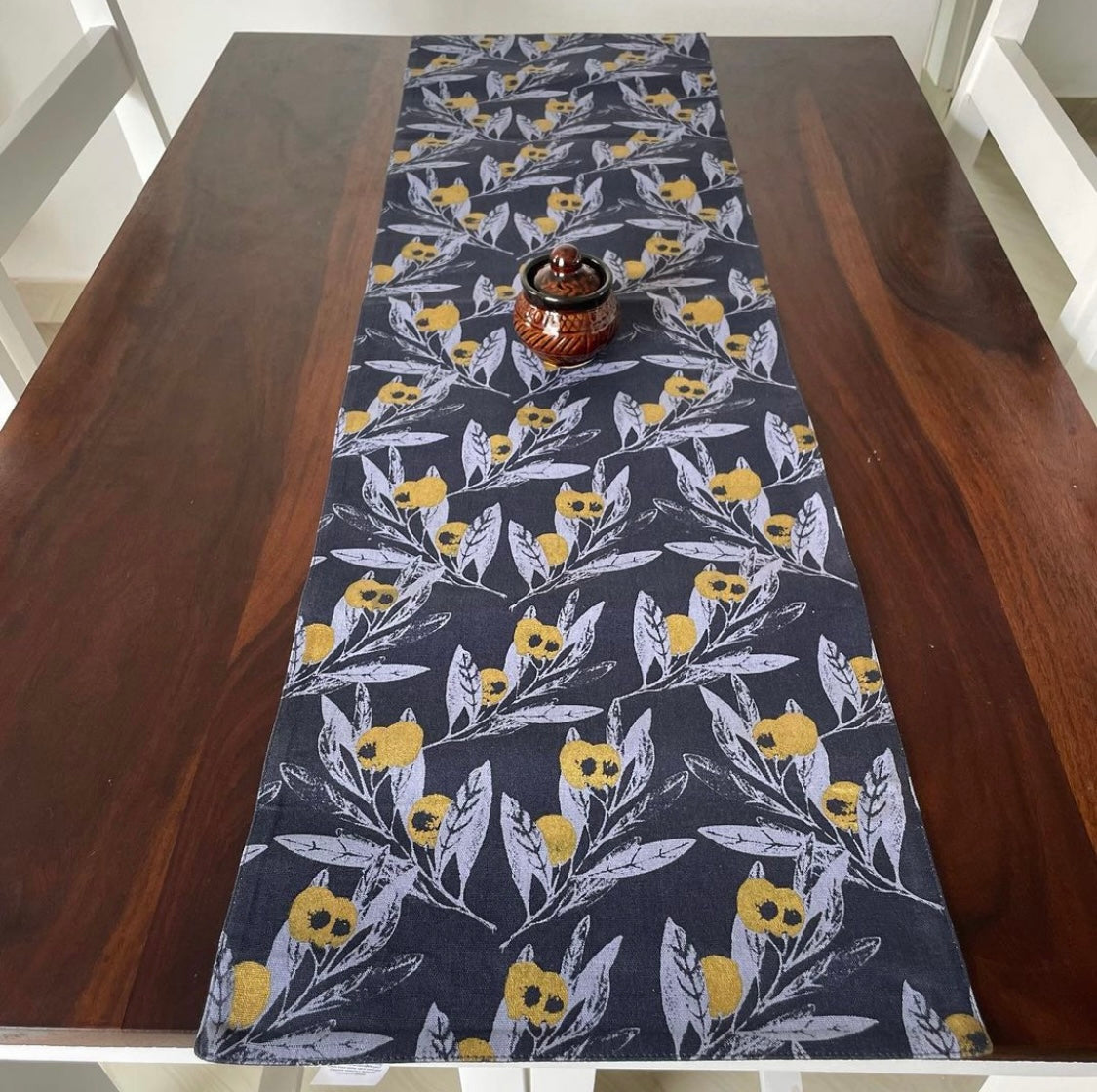 Navy Blue Leafy Table Runner 4 ft long