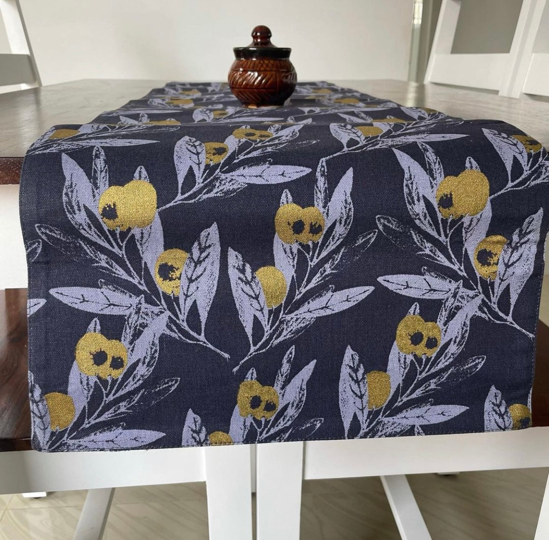 Navy Blue Leafy Table Runner 4 ft long