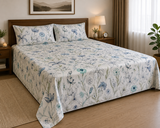 300 TC Blue Floral King Size Cotton Bedspread 108x108 inches