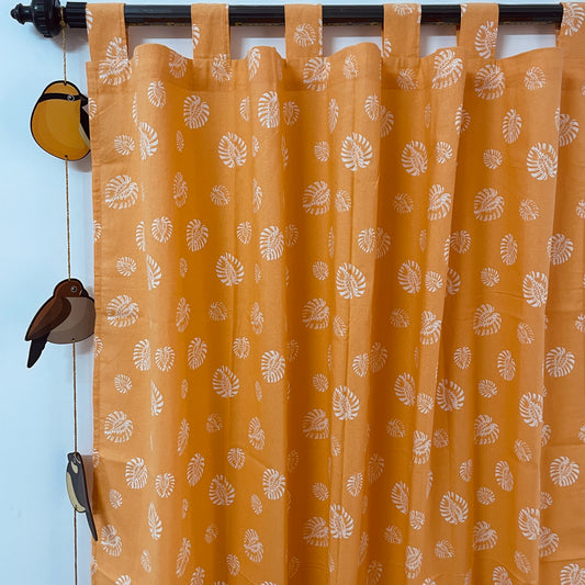 Orange monstera Cotton Curtains