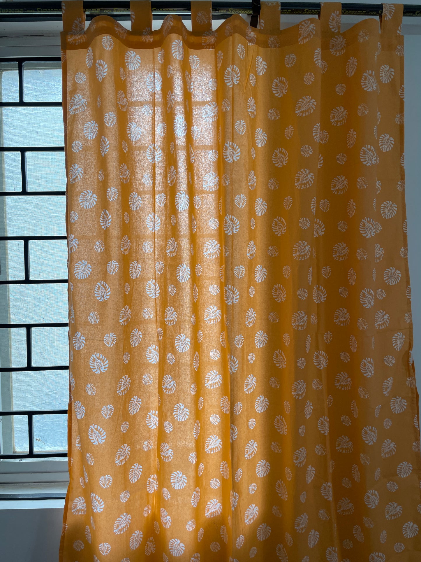 Orange monstera Cotton Curtains