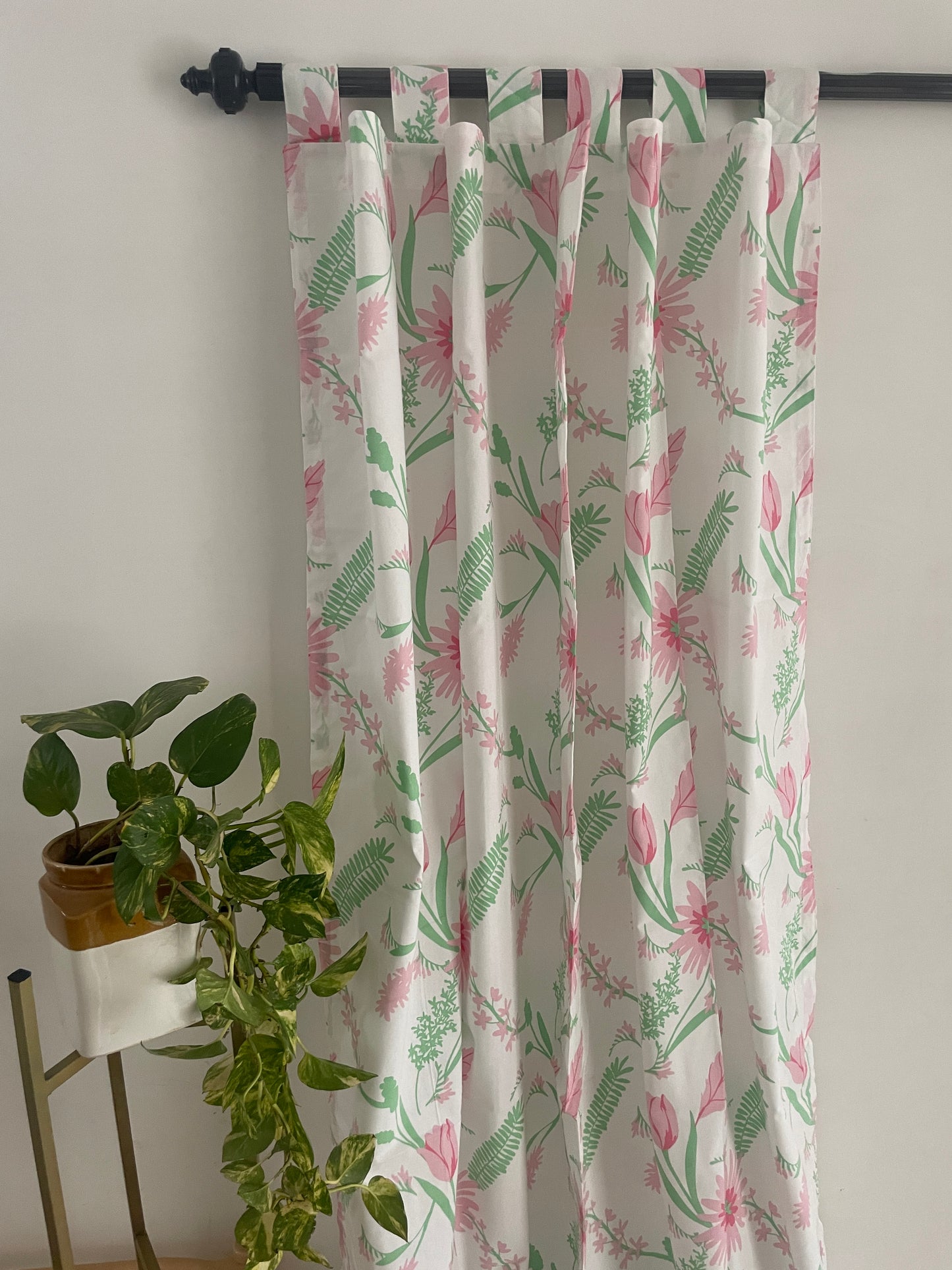 Pink Floral Cotton Curtains 7ft pair