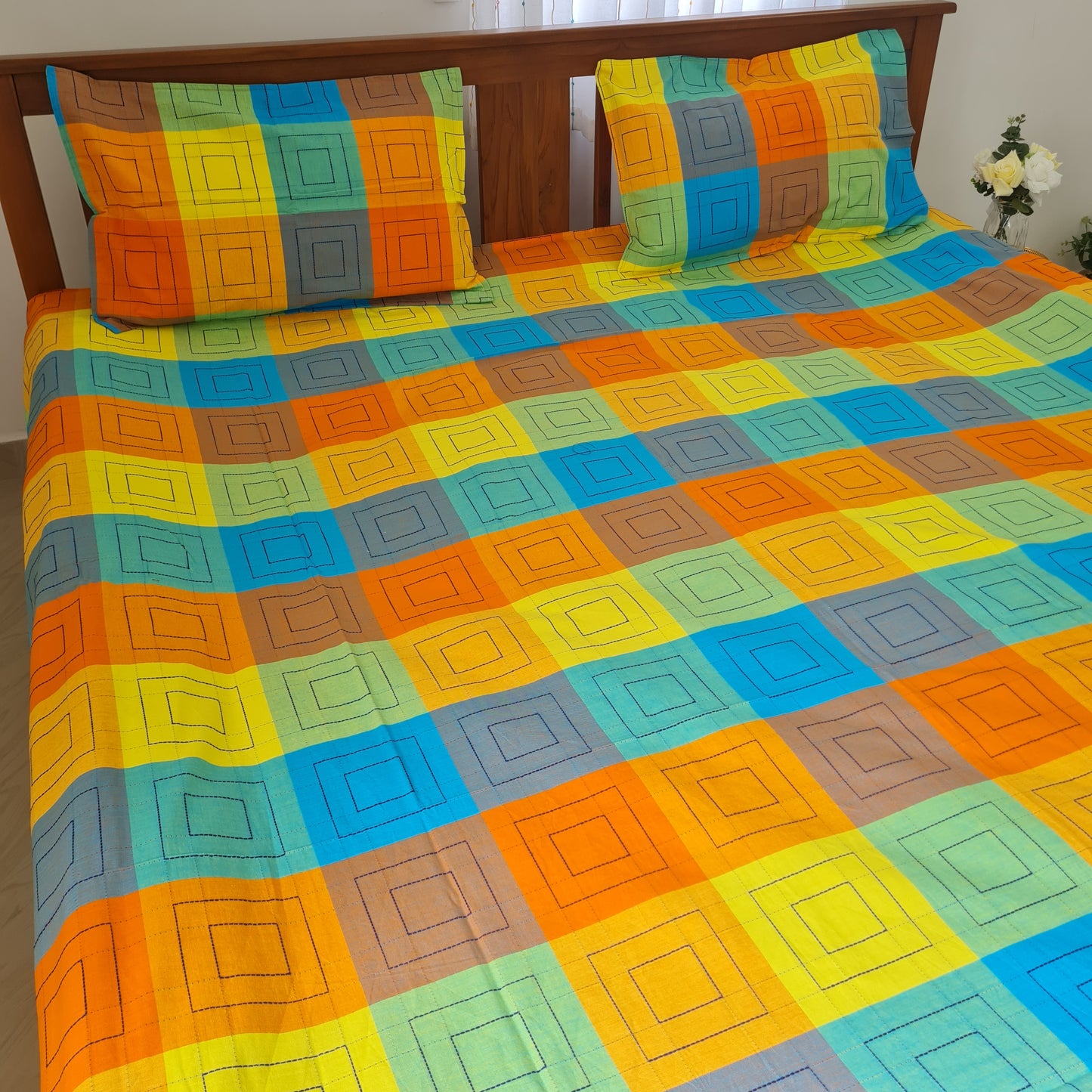 Multicolour Checks King Size Bedspread 108 x 108 in