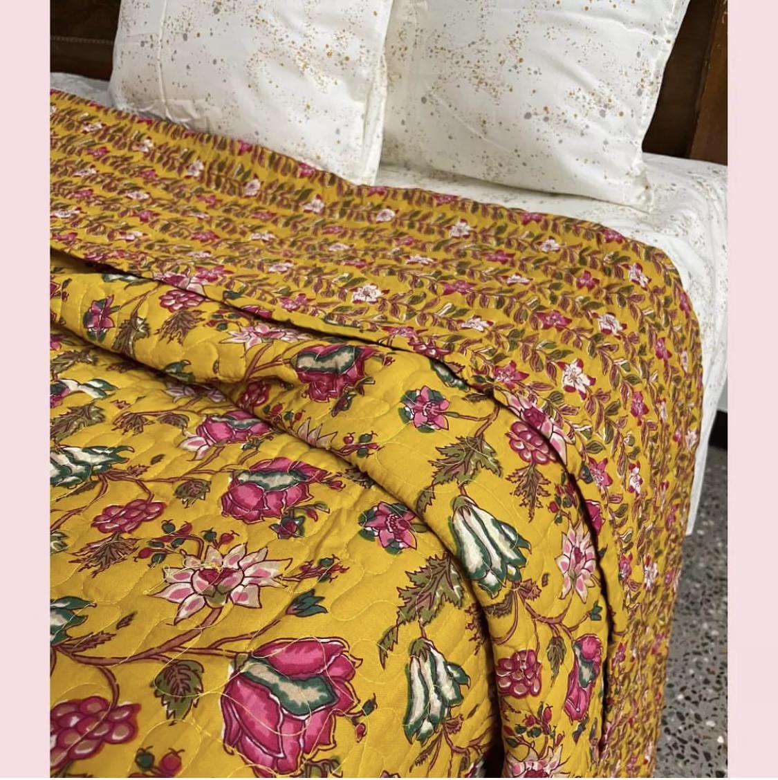 Yellow floral reversible cotton Double Quilts